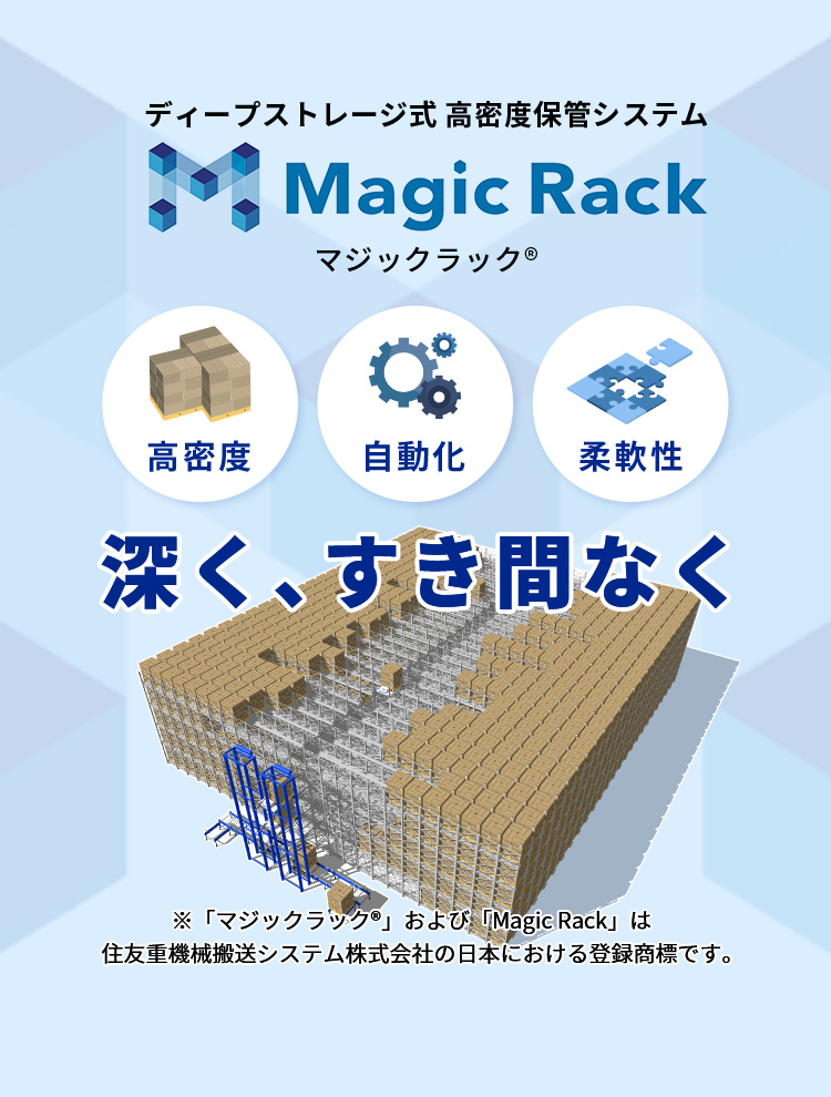 ディープストレージ式 高密度自動倉庫 Magic Rack マジックラック® 高密度 自動化 柔軟性 深く、すき間なく ※「マジックラック®」および「Magic Rack」は住友重機械搬送システム株式会社の日本における登録商標です。